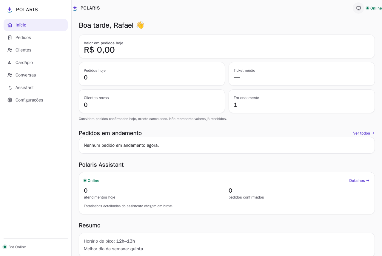 Polaris Control — painel real com pedidos do dia, status de produção e resumo da operação
